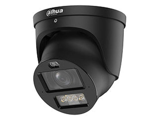 Zwarte Dahua 8MP WizMind TiOC PRO eyeball beveiligingscamera met varifocale lens en ingebouwde LED-verlichting.