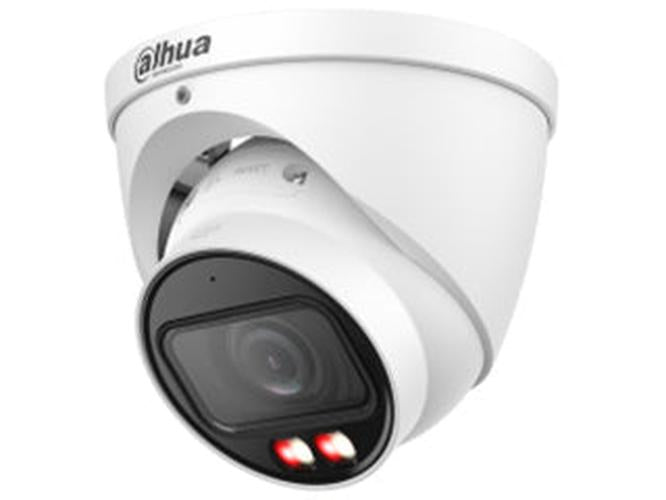 Witte Dahua WizMind 8MP eyeball beveiligingscamera met gemotoriseerde lens en Smart Dual Light technologie.