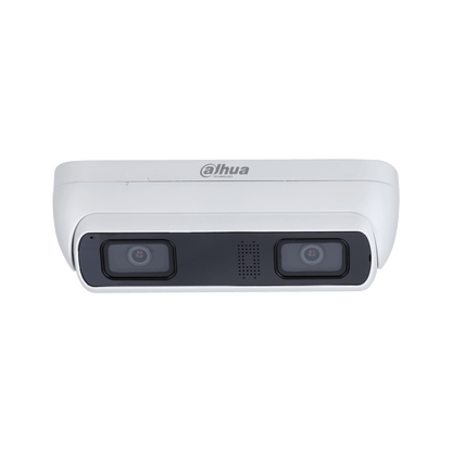 Witte Dahua WizMind dual-lens camera voor people counting met twee lenzen en strak design.