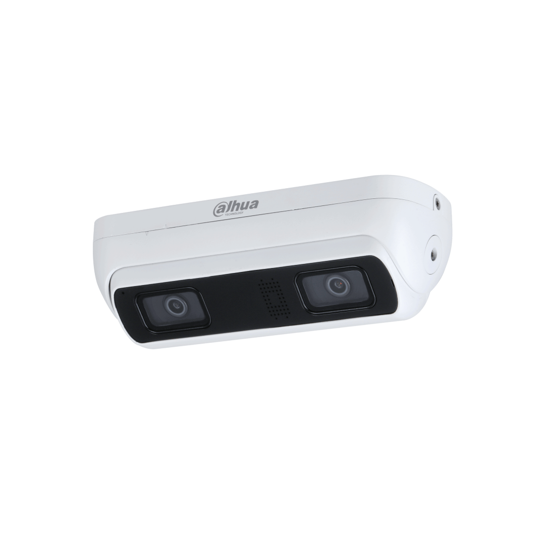 Witte Dahua WizMind dual-lens camera met twee lenzen voor nauwkeurige personentelling en gezichtsdetectie.