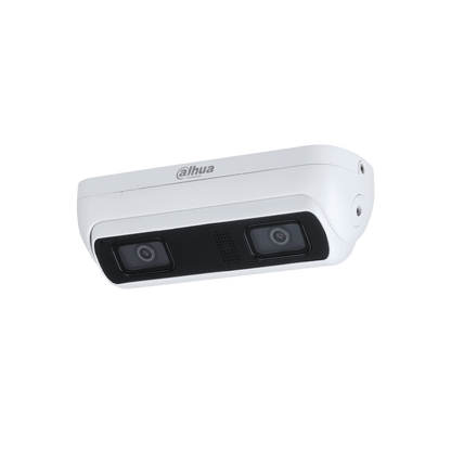 Witte Dahua WizMind dual-lens camera met twee lenzen voor nauwkeurige personentelling en gezichtsdetectie.