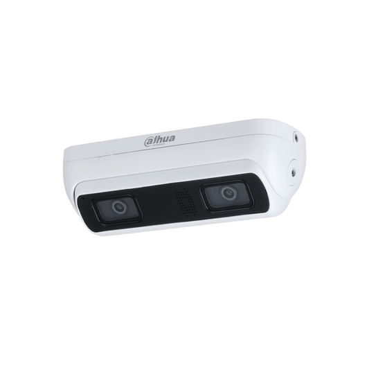 Witte Dahua WizMind dual-lens camera met twee lenzen voor nauwkeurige personentelling en gezichtsdetectie.