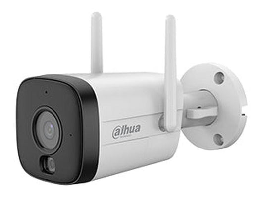 Witte Dahua 5MP WiFi 6 bullet camera met twee antennes, zwarte lensbehuizing en Smart Dual Light technologie.