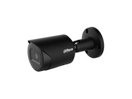 Zwarte Dahua 4MP WizSense bullet camera met vaste 2.8mm lens en compact weerbestendig ontwerp voor buiten.