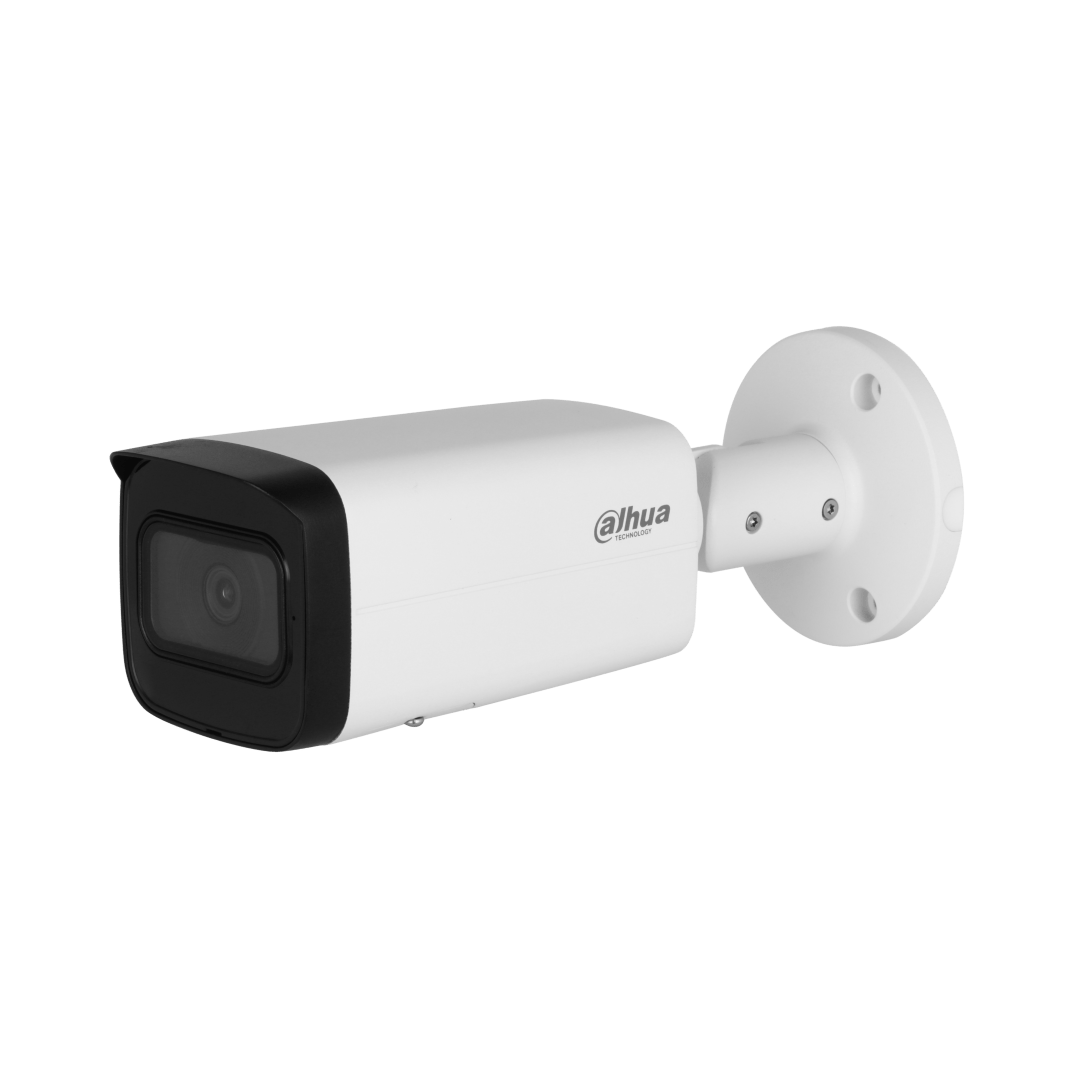 Witte Dahua 5MP WizSense bullet camera met zwarte lensbehuizing en verstelbare wandmontagebeugel.