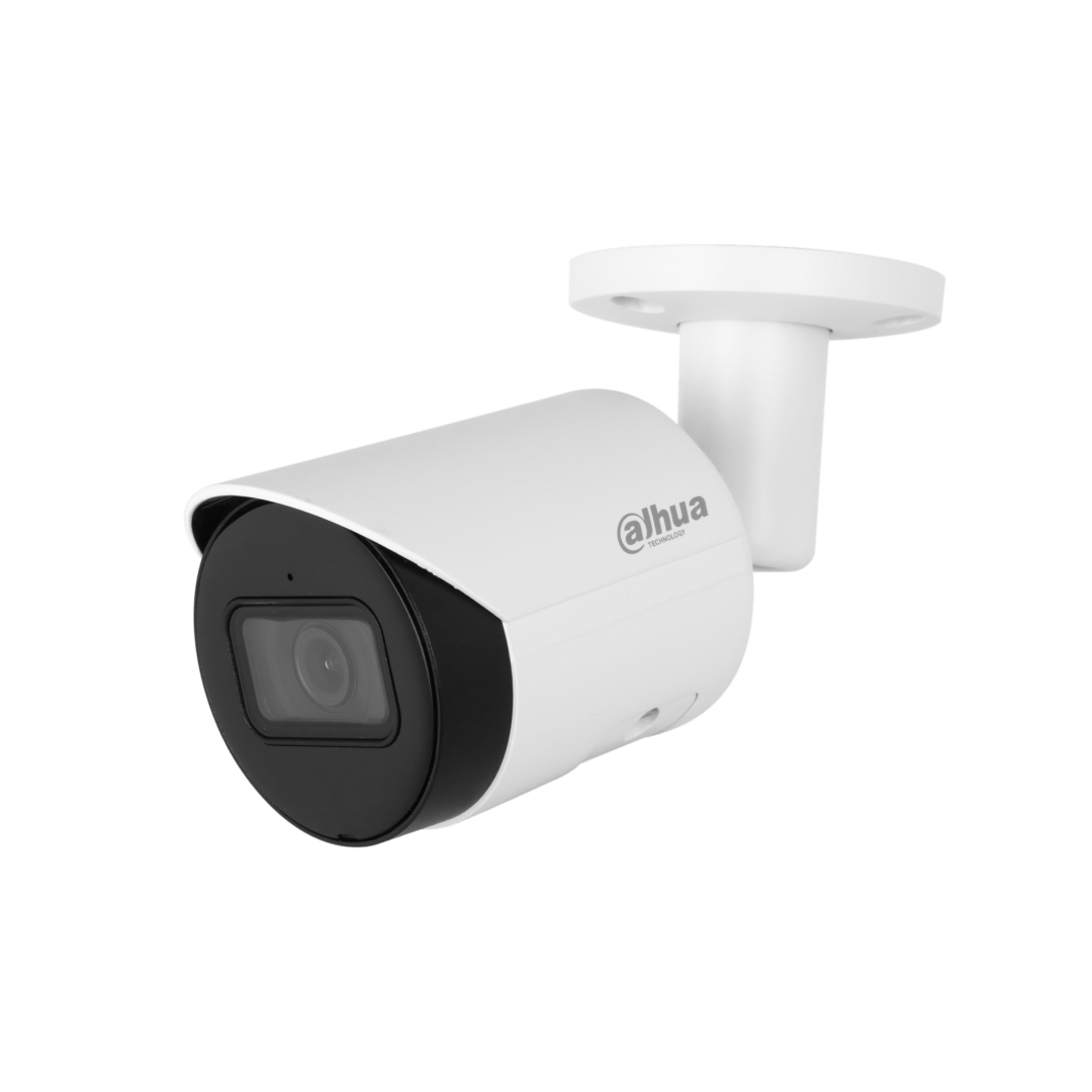 Witte Dahua 8MP bullet beveiligingscamera met compact design, zwarte lensbehuizing en verstelbare montagevoet.