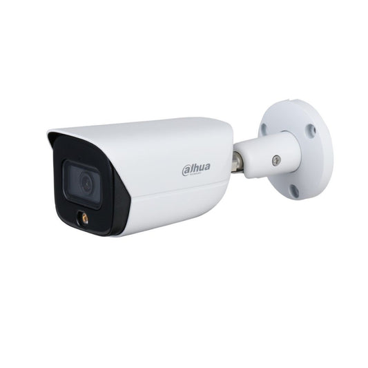 Witte Dahua 2MP Full-Colour bulletcamera met warm LED-licht en wandmontagebeugel.