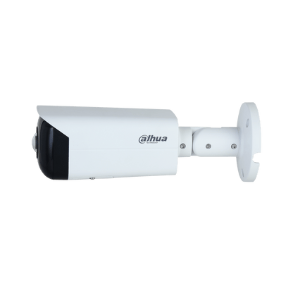Witte Dahua 4MP WizSense bullet camera met 180° panoramische lens en verstelbare muurbeugel op witte achtergrond.