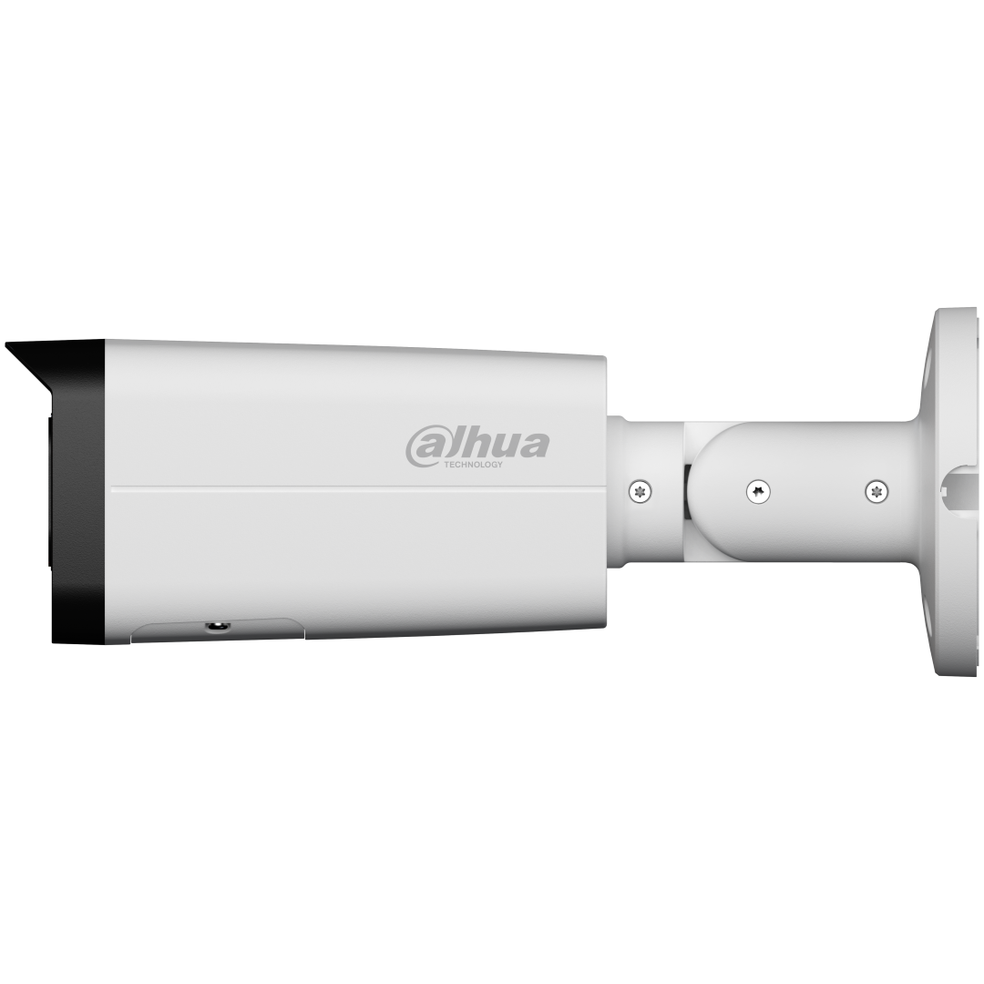 Witte Dahua WizSense bullet camera met varifocale lens en verstelbare muurbeugel voor buitenbeveiliging.