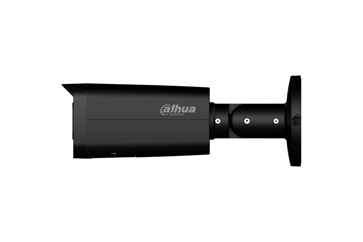 Zwarte Dahua WizSense 6MP bullet beveiligingscamera met verstelbare beugel en Smart Dual Light technologie.