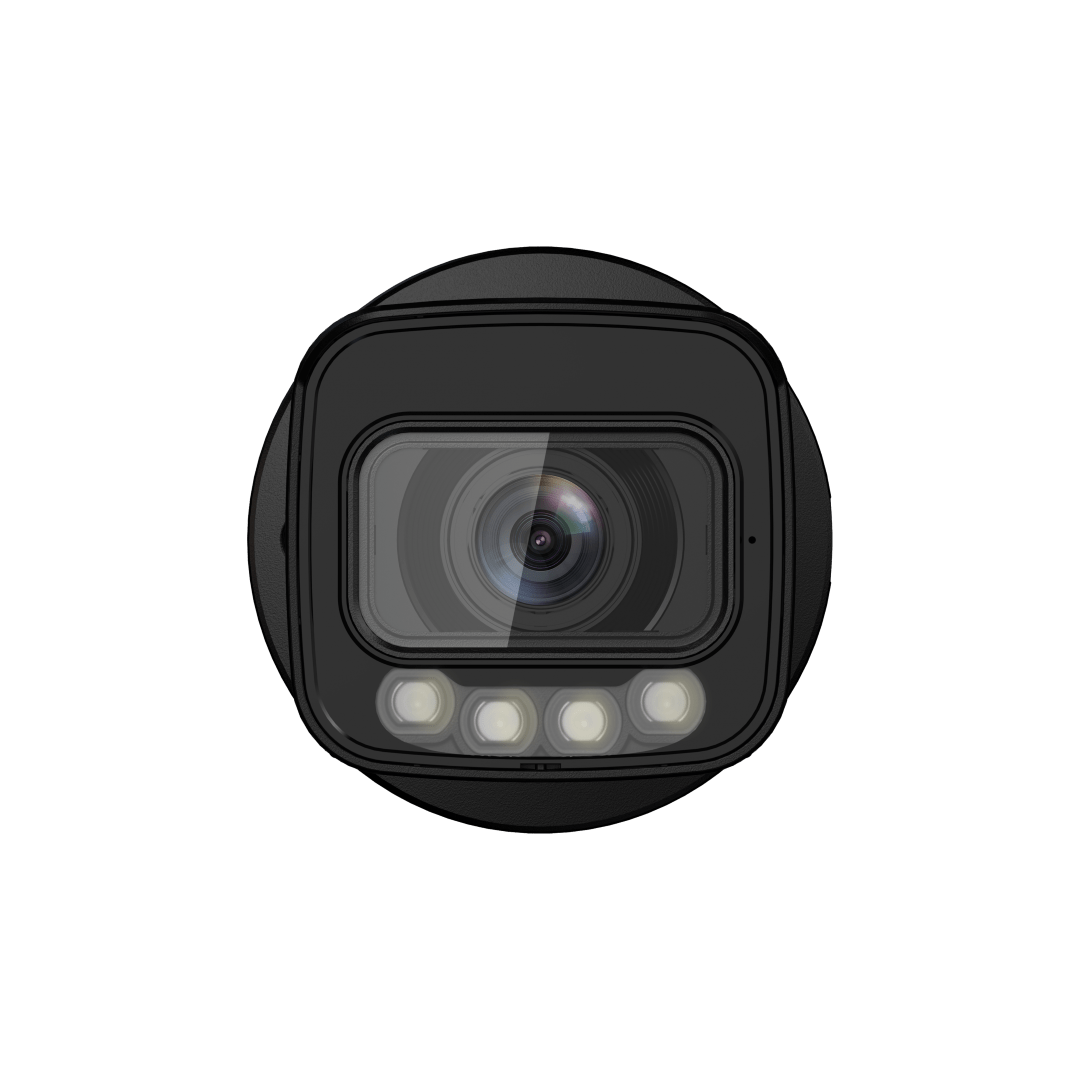 Zwarte Dahua WizSense bullet camera met 4MP lens en Smart Dual Light verlichting voor buitenbeveiliging.