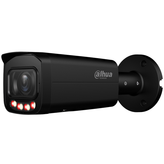Zwarte Dahua WizSense 4MP bullet camera met motorized lens en Smart Dual Light voor buitenbeveiliging.