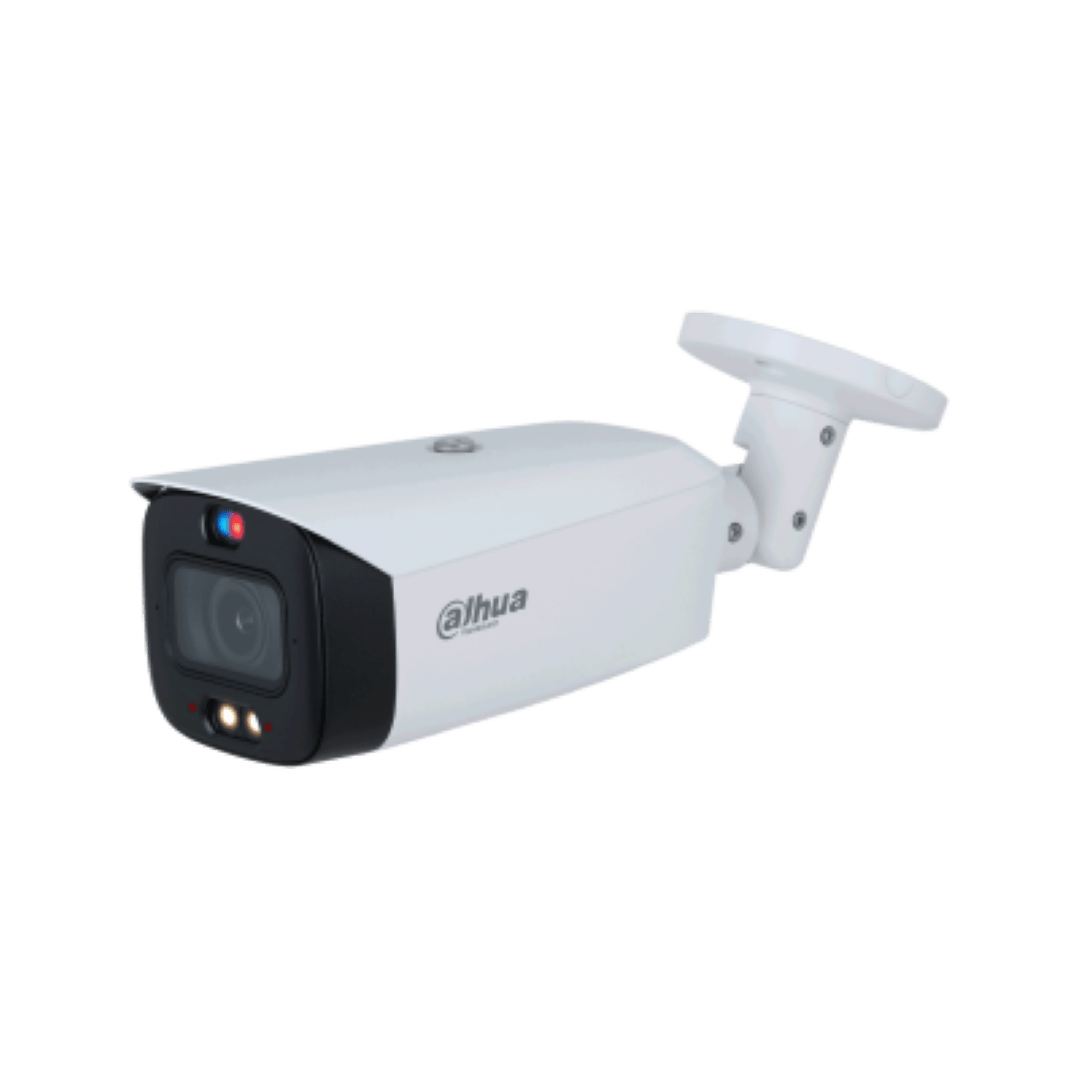 Witte Dahua TiOC PRO bullet beveiligingscamera met 2.7-12mm lens, actieve rood-blauwe verlichting en wandmontagebeugel.