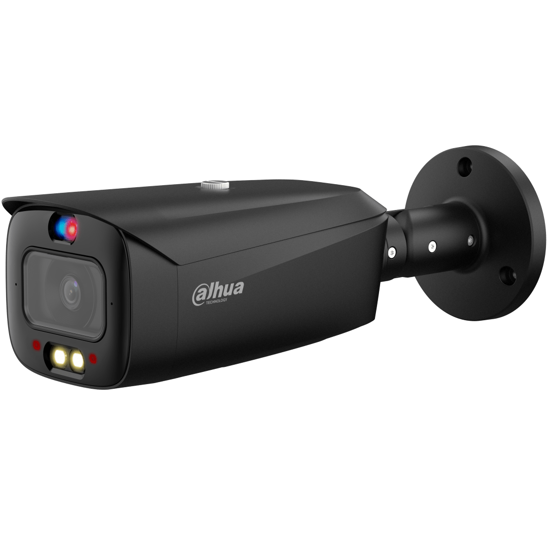 Zwarte Dahua 8MP TiOC PRO bullet beveiligingscamera met actieve rood-blauwe verlichting en ingebouwde LED-spots.