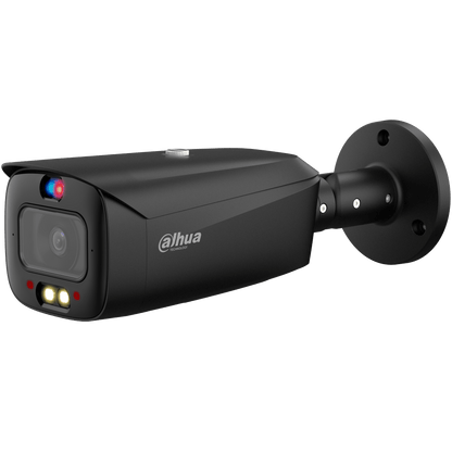 Zwarte Dahua 8MP TiOC PRO bullet beveiligingscamera met actieve rood-blauwe verlichting en ingebouwde LED-spots.