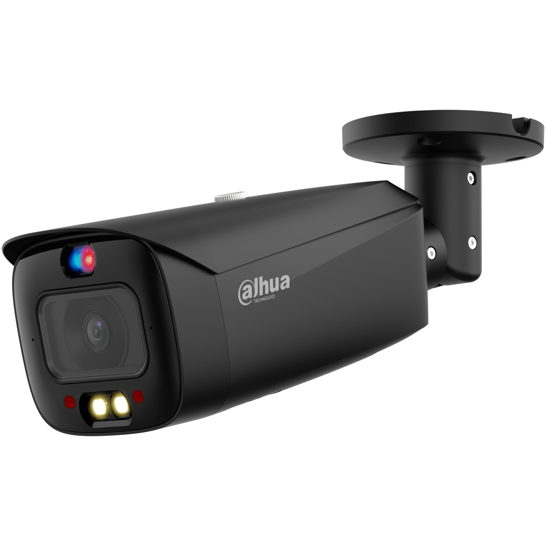 Zwarte Dahua TiOC PRO bullet camera met 4MP lens, actieve rood-blauwe afschrikking en ingebouwde LED-verlichting.
