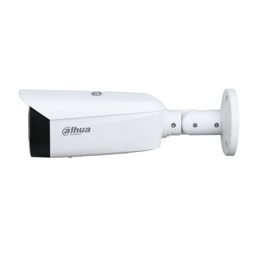Witte Dahua 4MP TiOC bullet camera met 2.8mm lens, actieve afschrikking en Smart Dual Light voor buitenbeveiliging.