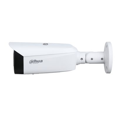 Witte Dahua 4MP TiOC bullet camera met 2.8mm lens, actieve afschrikking en Smart Dual Light voor buitenbeveiliging.