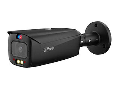 Zwarte Dahua 4MP TiOC bullet camera met Smart Dual Light, rode en blauwe afschrikkingsverlichting en wandmontagebeugel.