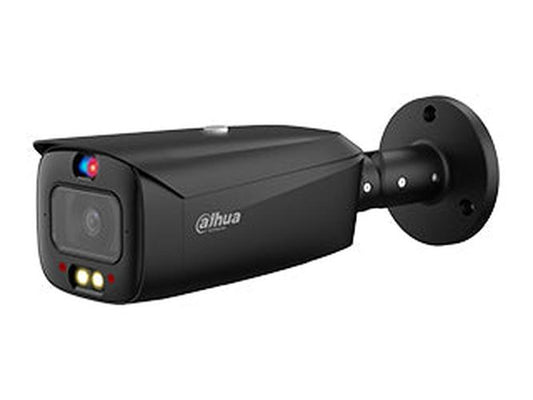 Zwarte Dahua 4MP TiOC bullet camera met Smart Dual Light, rode en blauwe afschrikkingsverlichting en wandmontagebeugel.