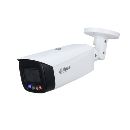 Witte Dahua 5MP TiOC bullet camera met zwarte lensbehuizing, rood-blauw waarschuwingslicht en wandmontagebeugel.