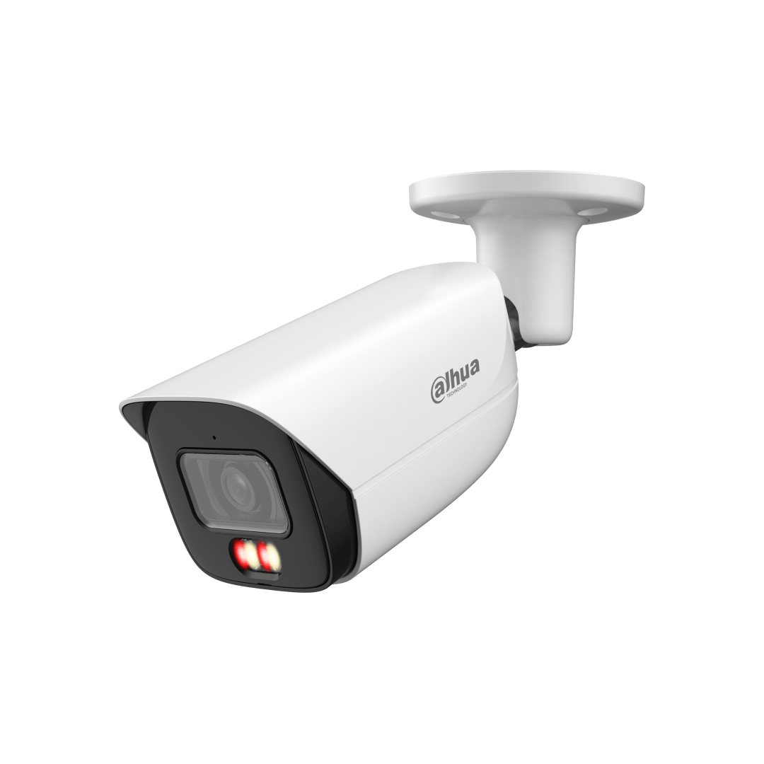 Witte Dahua 6MP WizSense bullet camera met vaste lens en Smart Dual Light technologie voor buitenbeveiliging.