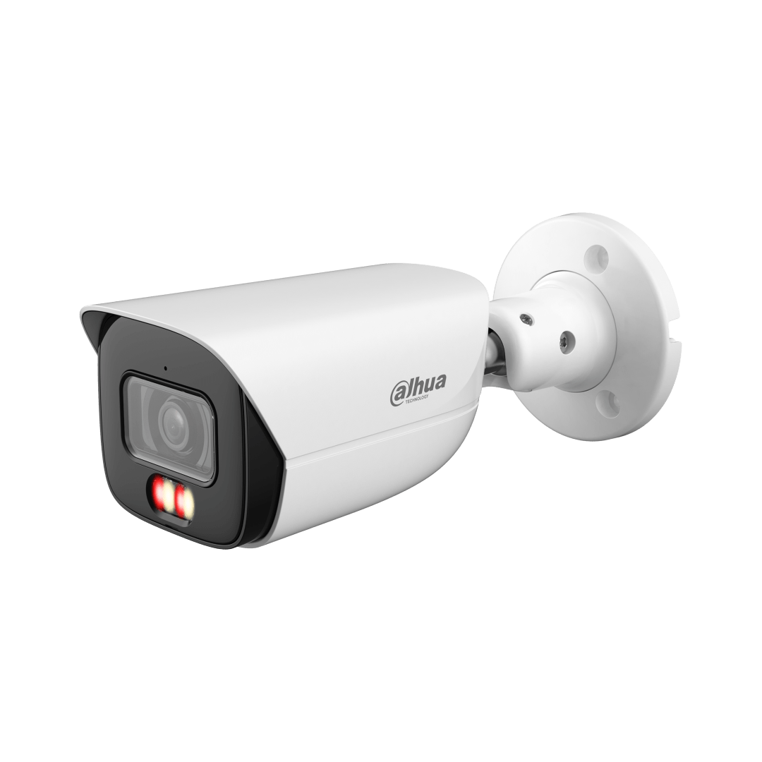 Witte Dahua 6MP WizSense bullet camera met vaste lens en Smart Dual Light technologie voor buitenbeveiliging.