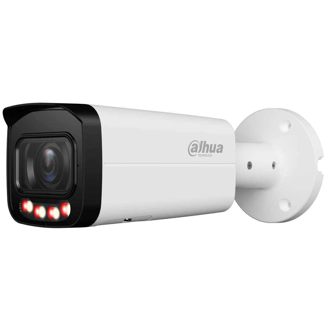 Witte Dahua WizSense bullet camera met zwarte lenskap, varifocale lens en Smart Dual Light verlichting voor buiten.