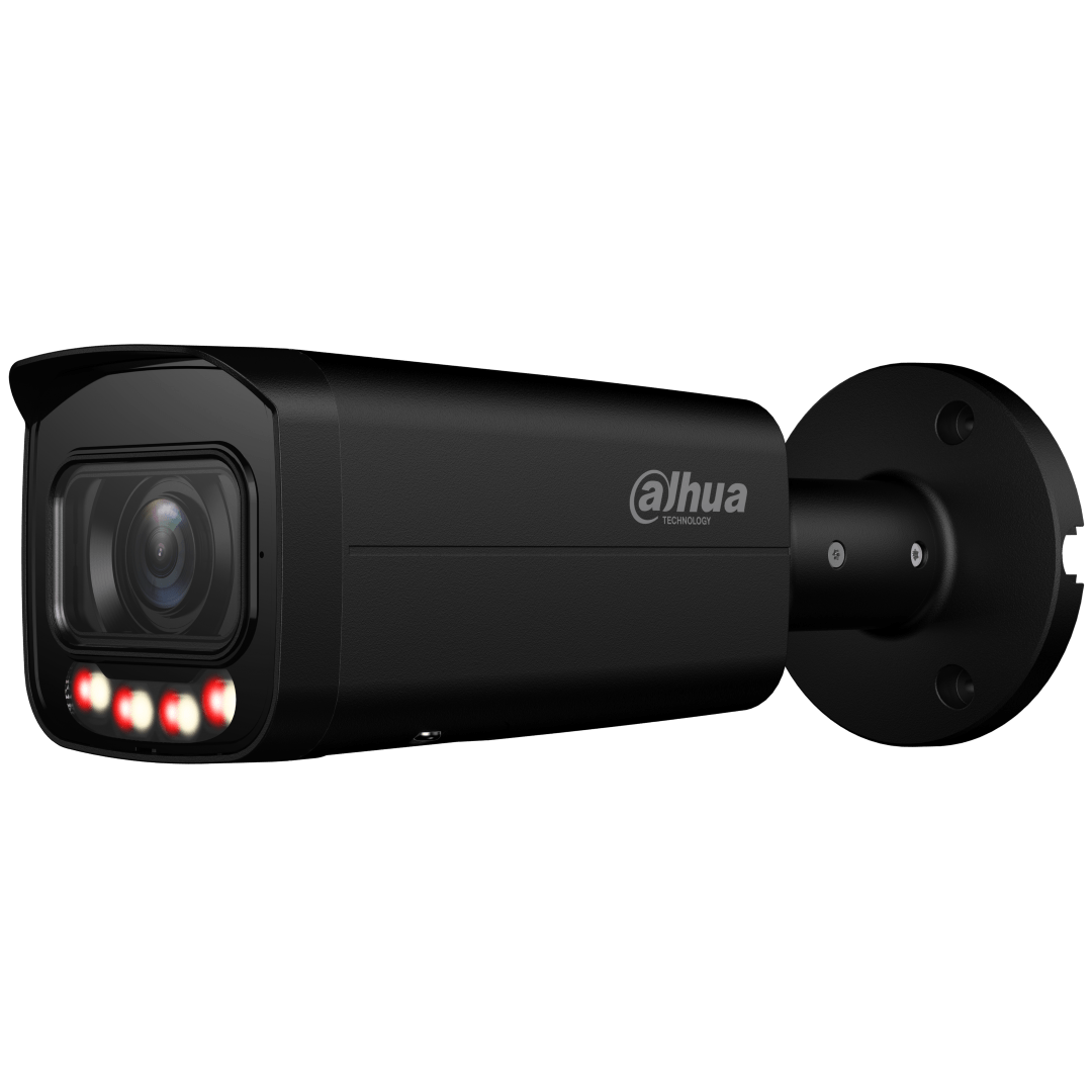 Zwarte Dahua 8MP WizSense bullet camera met motorized lens en Smart Dual Light voor buitenbeveiliging.