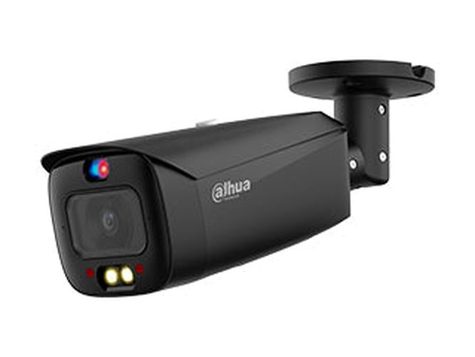 Zwarte Dahua TiOC 8MP bullet camera met motorized lens, rood-blauw licht en actieve afschrikking.