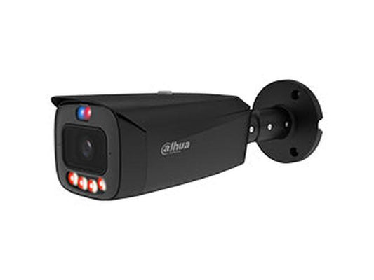 Zwarte Dahua TiOC 8MP bullet camera met rood-blauwe active deterrence verlichting en wandmontagebeugel.