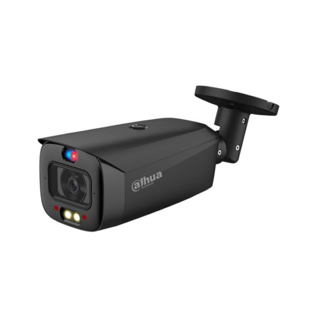 Zwarte Dahua TiOC bullet camera met 8MP lens, rood-blauw waarschuwingslicht en ingebouwde LED-verlichting.