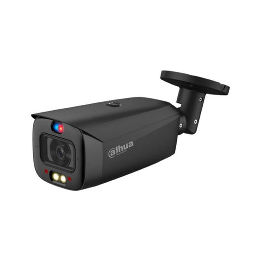 Zwarte Dahua TiOC bullet camera met 8MP lens, rood-blauw waarschuwingslicht en ingebouwde LED-verlichting.