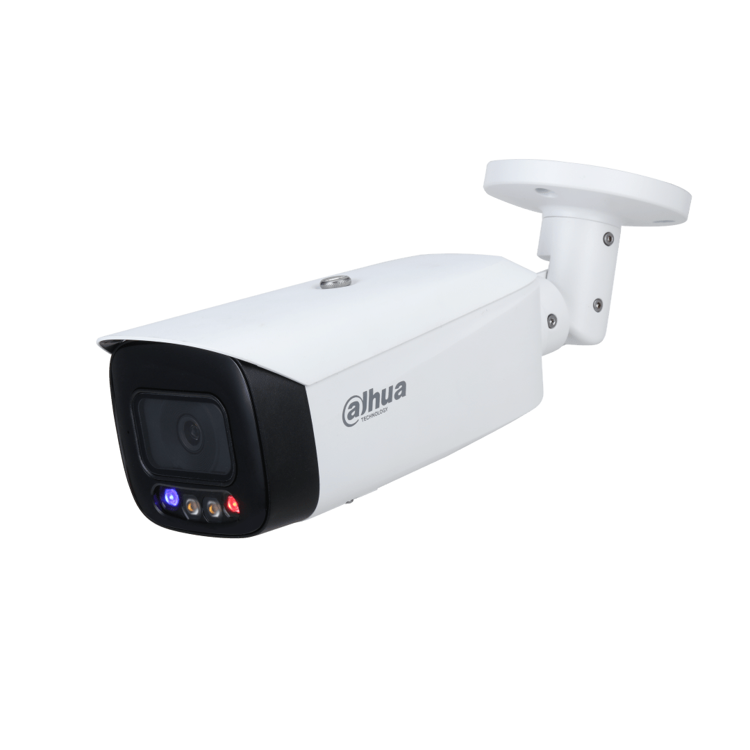 Witte Dahua 8MP bullet camera met zwarte lens, actieve afschrikking en Smart Dual Light voor professionele beveiliging.
