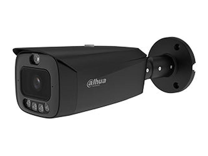 Zwarte Dahua 8MP WizSense bullet camera met Smart Dual Light en actieve afschrikking op een ronde muurbeugel.