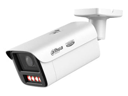 Witte Dahua WizMind TiOC PRO bullet camera met varifocale lens, actieve afschrikking en rood/blauw flitsalarm.