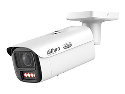 Witte Dahua WizMind 4MP bullet camera met varifocale lens, dual light technologie en robuuste IP67/IK10 behuizing.