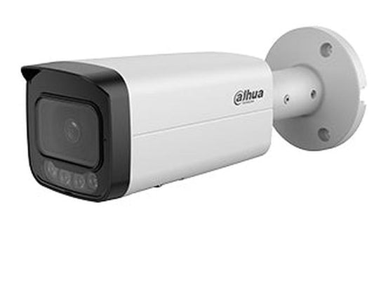 Witte Dahua 8MP WizMind bullet camera met zwarte lensbehuizing, Smart Dual Light technologie en wandmontagebeugel.