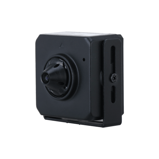 Zwarte Dahua 4MP pinhole camera in compacte vierkante behuizing voor discrete inbouwmontage.