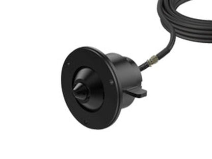 Zwarte Dahua IPC-HUM8241-L1 pinhole lensmodule met ronde montageplaat en aangesloten zwarte kabel voor discrete bewaking.