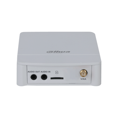 Witte Dahua IPC-HUM8241P-E1 WizMind pinhole camera main unit met audio- en VINA-aansluitingen.