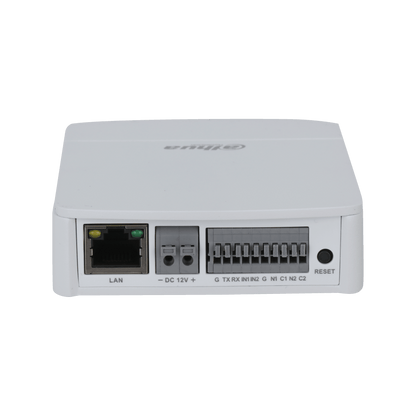 Witte Dahua IPC-HUM8241P-E1 main unit met LAN-poort, stroomaansluiting en diverse I/O-terminals voor pinhole camera's.