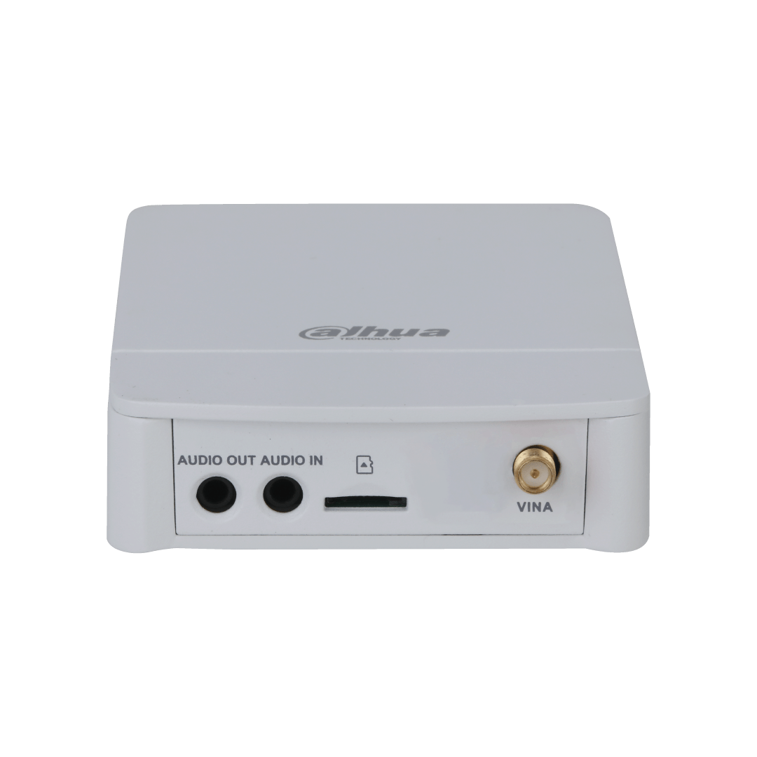 Witte Dahua IPC-HUM8441EP-E1 WizMind main unit met audio-in/uit, SD-kaartslot en VINA-aansluiting voor pinhole camera's.