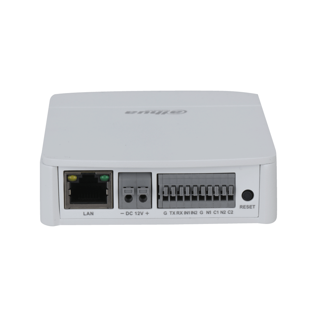 Witte Dahua IPC-HUM8441EP-E1 WizMind main unit met LAN, stroomaansluiting en diverse I/O-poorten.