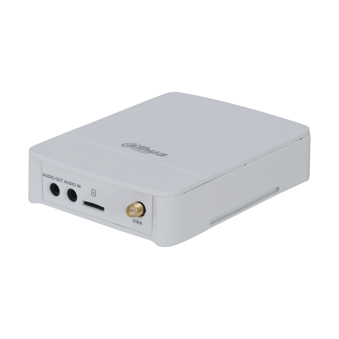 Witte Dahua IPC-HUM8441EP-E1 WizMind main unit met audio-aansluitingen, SD-kaartsleuf en lensconnector.