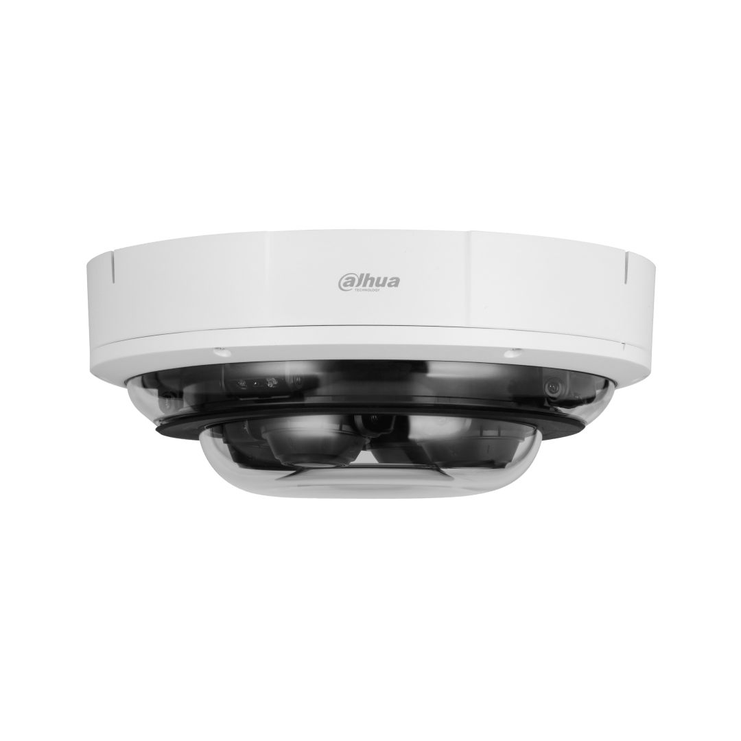 Witte Dahua 360° multi-sensor domecamera met vier 5MP lenzen onder een robuuste transparante koepel.