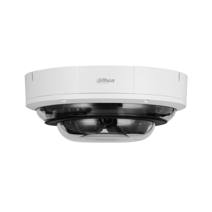 Witte Dahua 360° multi-sensor domecamera met vier 5MP lenzen onder een robuuste transparante koepel.