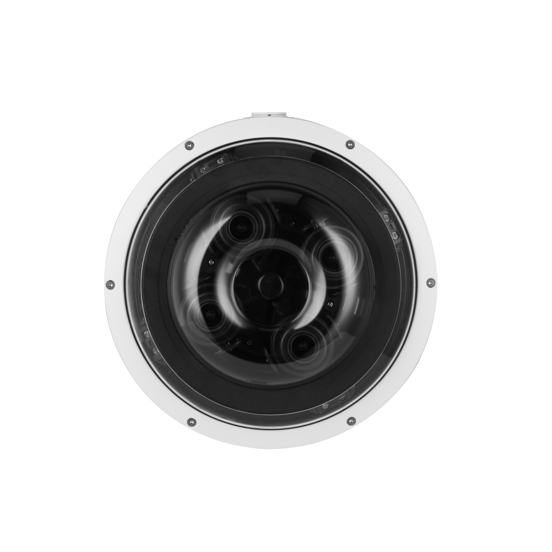 Witte Dahua 20MP multi-sensor dome camera met vier lenzen voor 360-graden panoramisch toezicht.