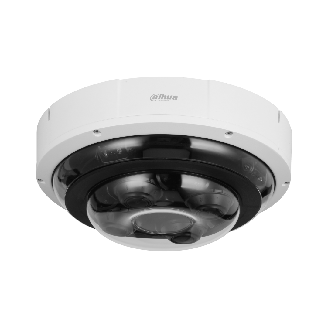Witte Dahua 20MP multi-sensor dome camera met vier lenzen en robuuste IP67 IK10 behuizing voor 360 graden bewaking.