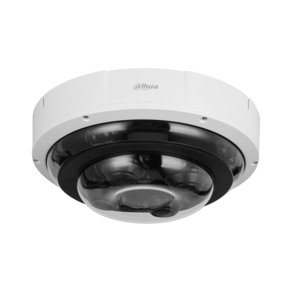 Witte Dahua 20MP multi-sensor dome camera met vier lenzen en robuuste IP67 IK10 behuizing voor 360 graden bewaking.